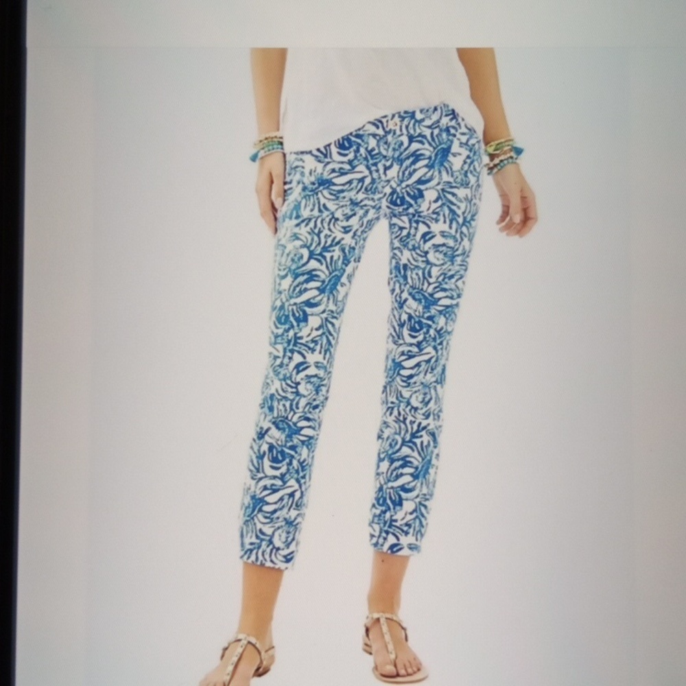 Lilly Pulitzer Sandie Stretch Crop Chino Pant Blue White Vacation Resort Sz 4